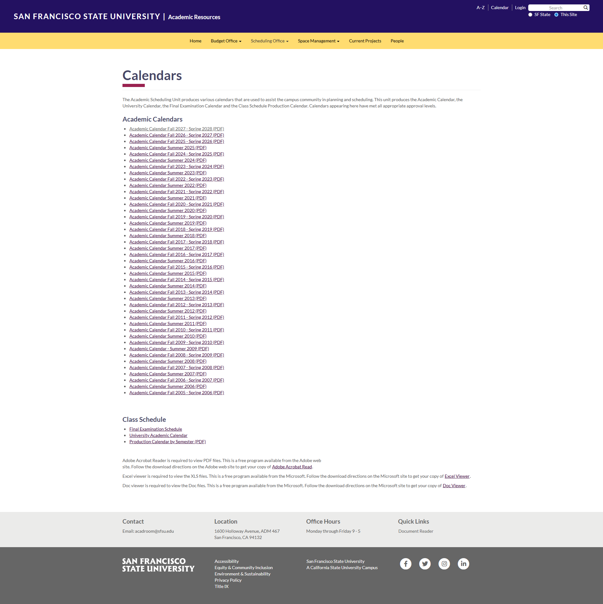 Screen capture of calendars page in Academic Resources website