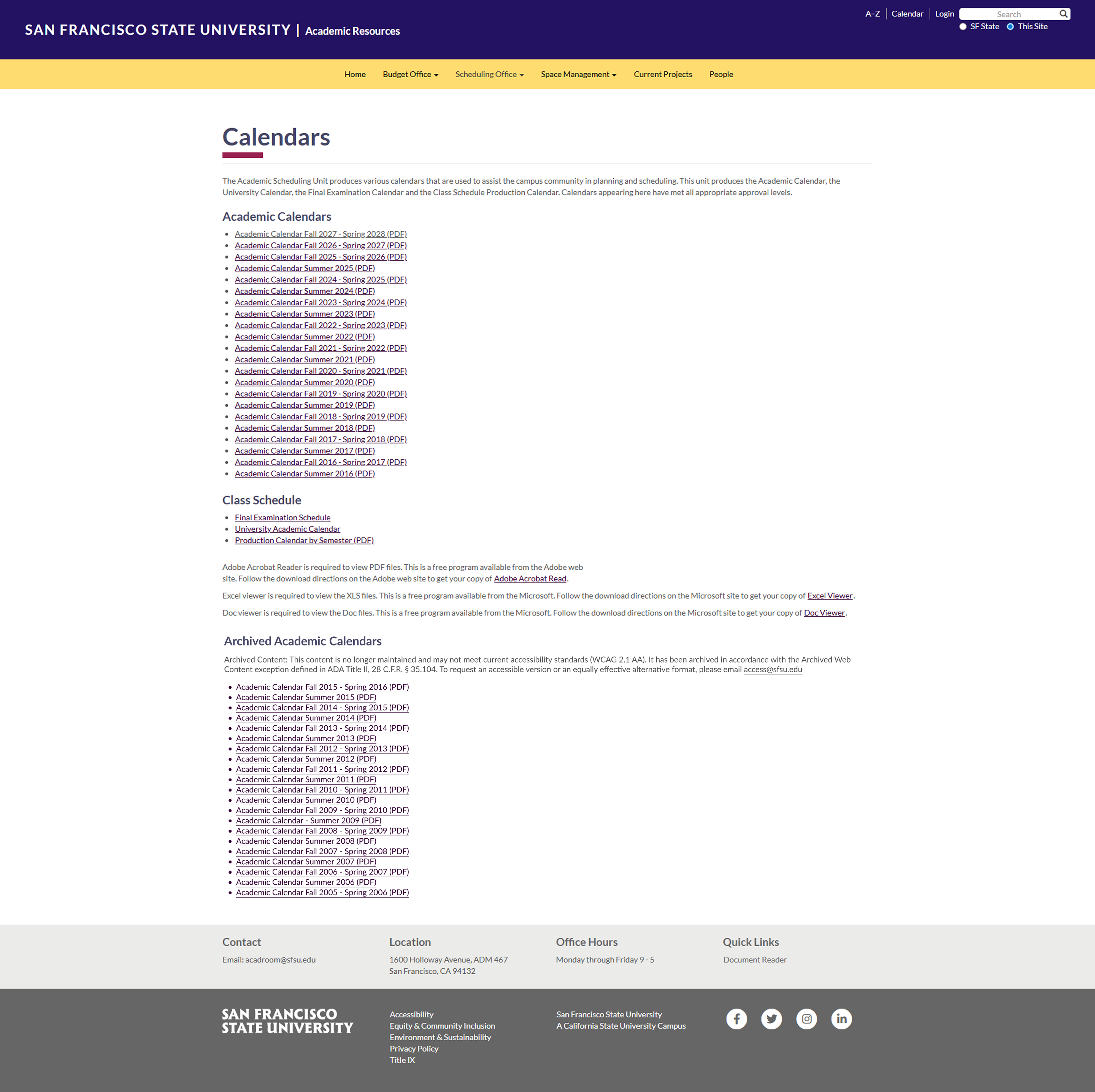 Mockup screenshot of what the Academic Resources Calendar Page would look like with Archived PDFs
