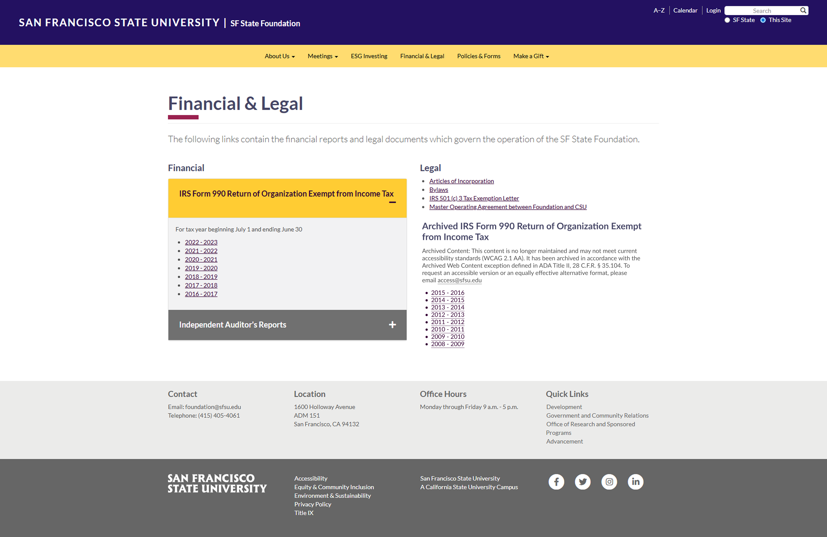 Mockup screenshot of what the Finance and Legal Page would look like with Archived PDFs