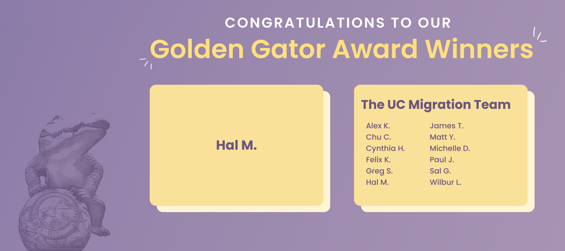 Recipients of Q1 Golden Gator Awards are Hal M. and the UC migration team
