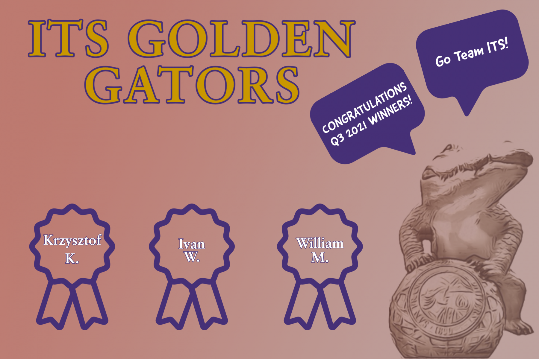 Golder Gator winners for Q3 Krzysztof, Ivan, William