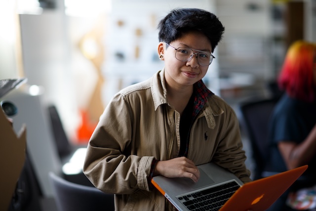 SFSU Student with Orange laptop-close up