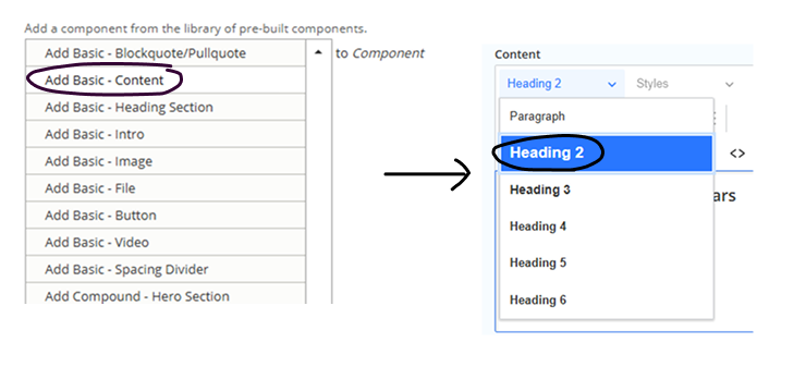 Screenshot showing user to click on Add Basic Content Component and to use H2 heading