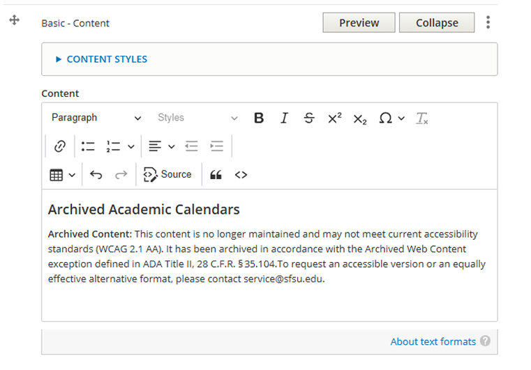 Screenshot of text blurb to be included in Archived Section