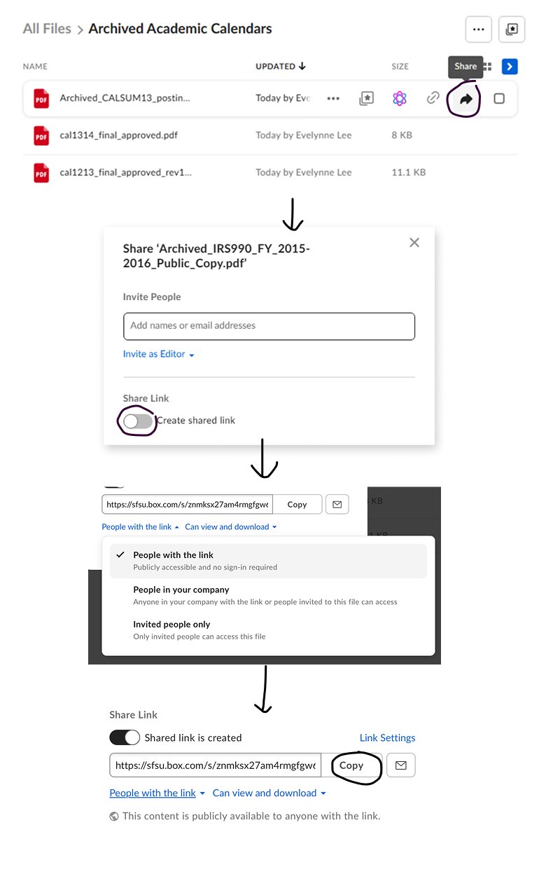 Screenshot showing step by step how to create a shared link of a file in a Box folder