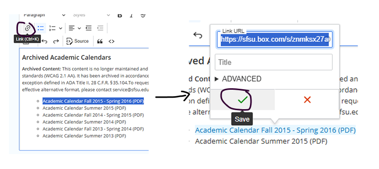 Screenshot of how to hyperlink content in Drupal.