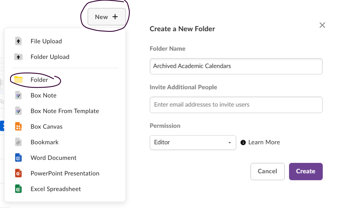 Screenshot of how to create a new folder in Box and naming convention
