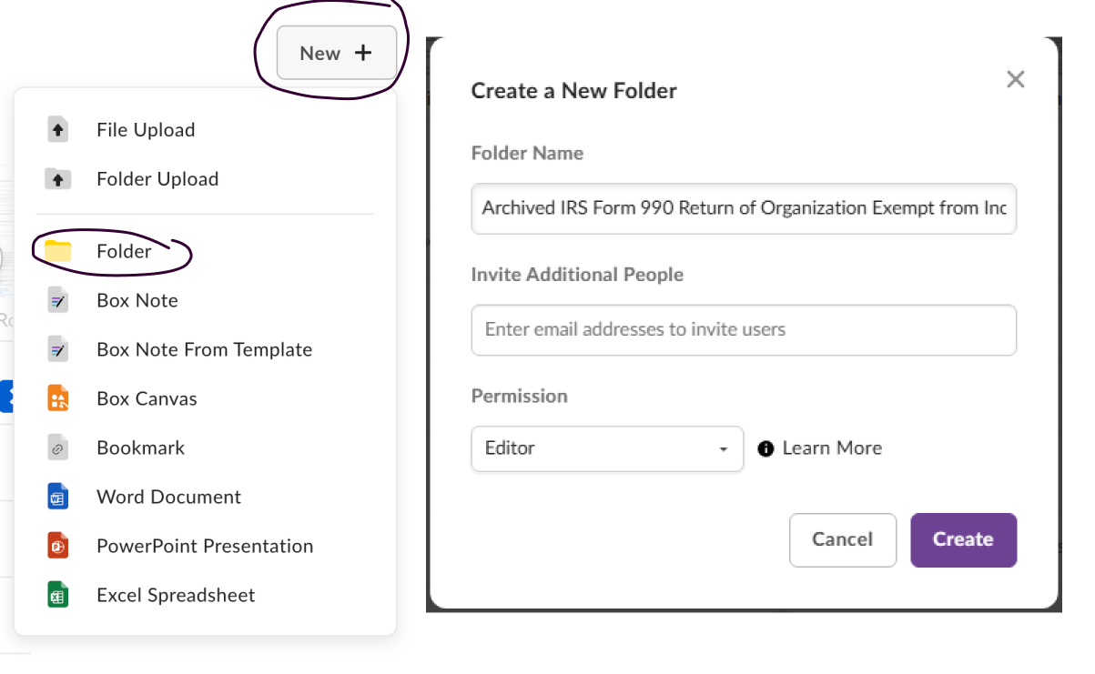 Screenshot of how to create a new folder in Box and naming convention