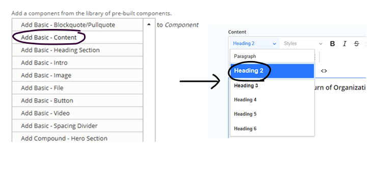 Screenshot showing user to click on Add Basic Content Component and to use H2 heading