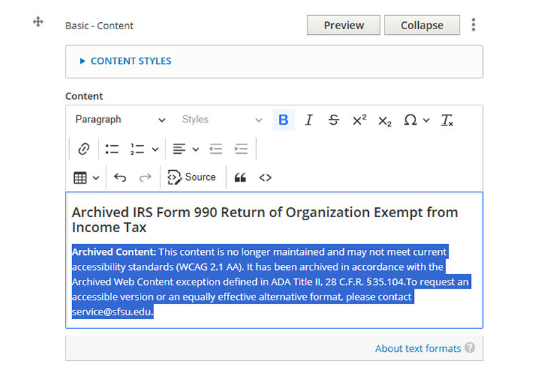 Screenshot of text blurb to be included in Archived Section