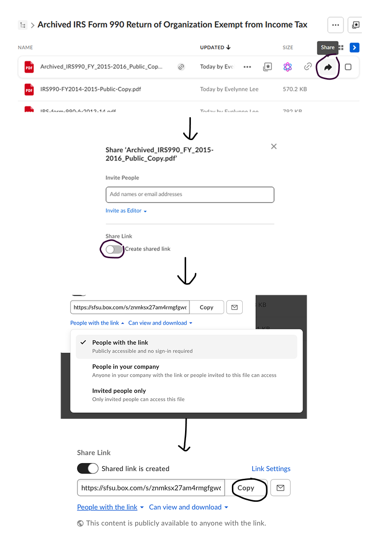 Screenshot showing step by step how to create a shared link of a file in a Box folder