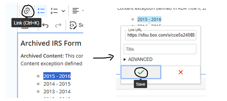 Screenshot of how to hyperlink content in Drupal.