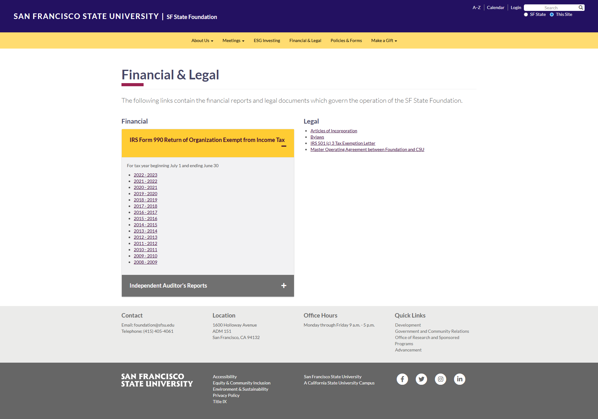 Screen capture of finance and legal page